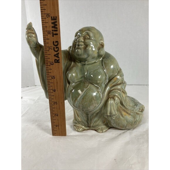 Happy Buddha Pointing Right Green Rare Hotei Smiling Wealth Prosperity Vintage - Picture 10 of 12